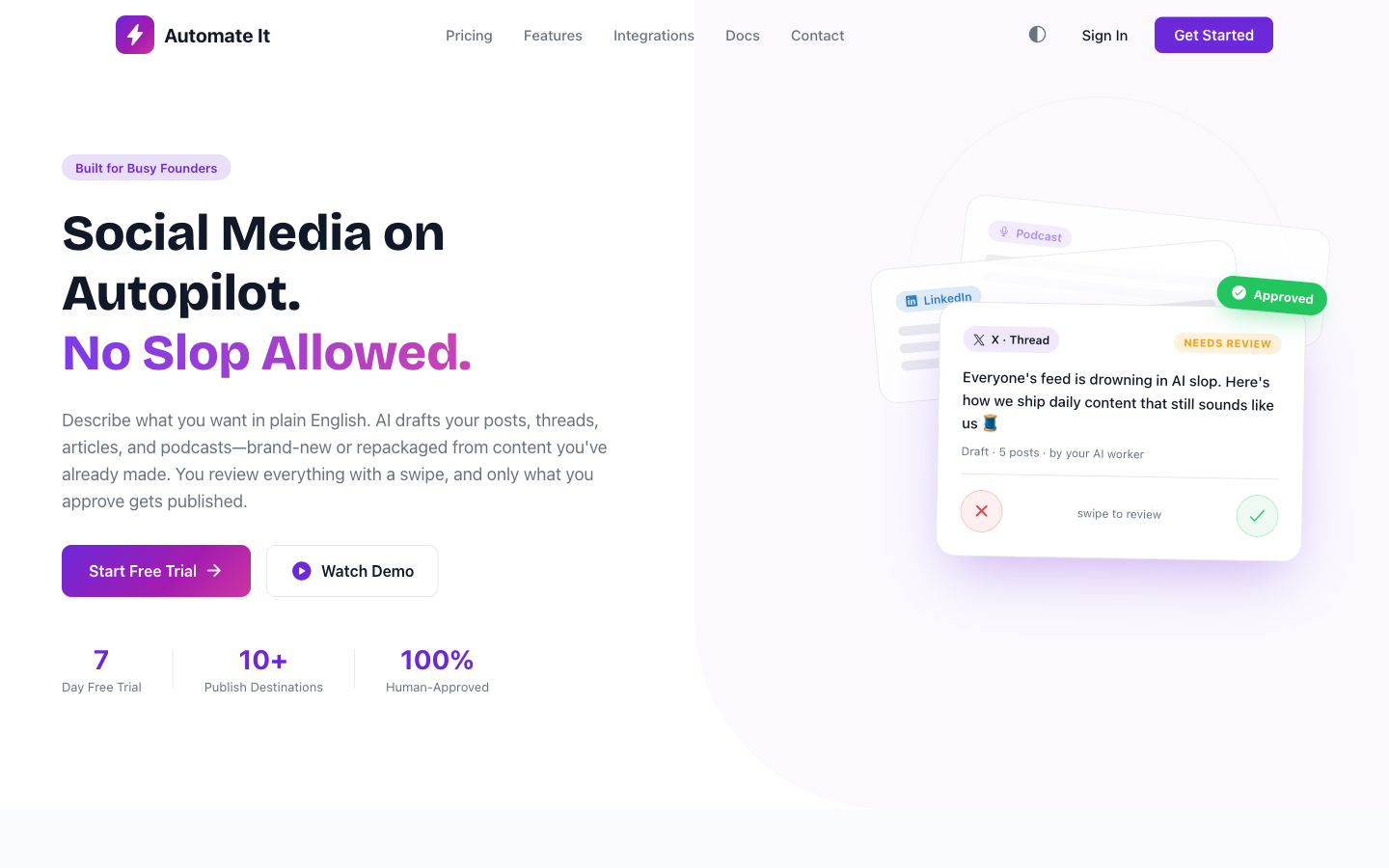 Automate It homepage — social media on autopilot, no slop allowed